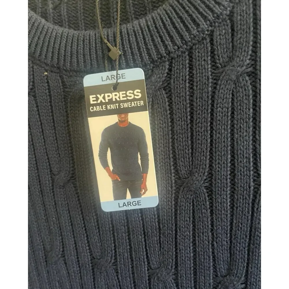 Express Men's Braided Cable Knit Sweater Long Sleeves‎ Crew Neck Pageant Blue, L